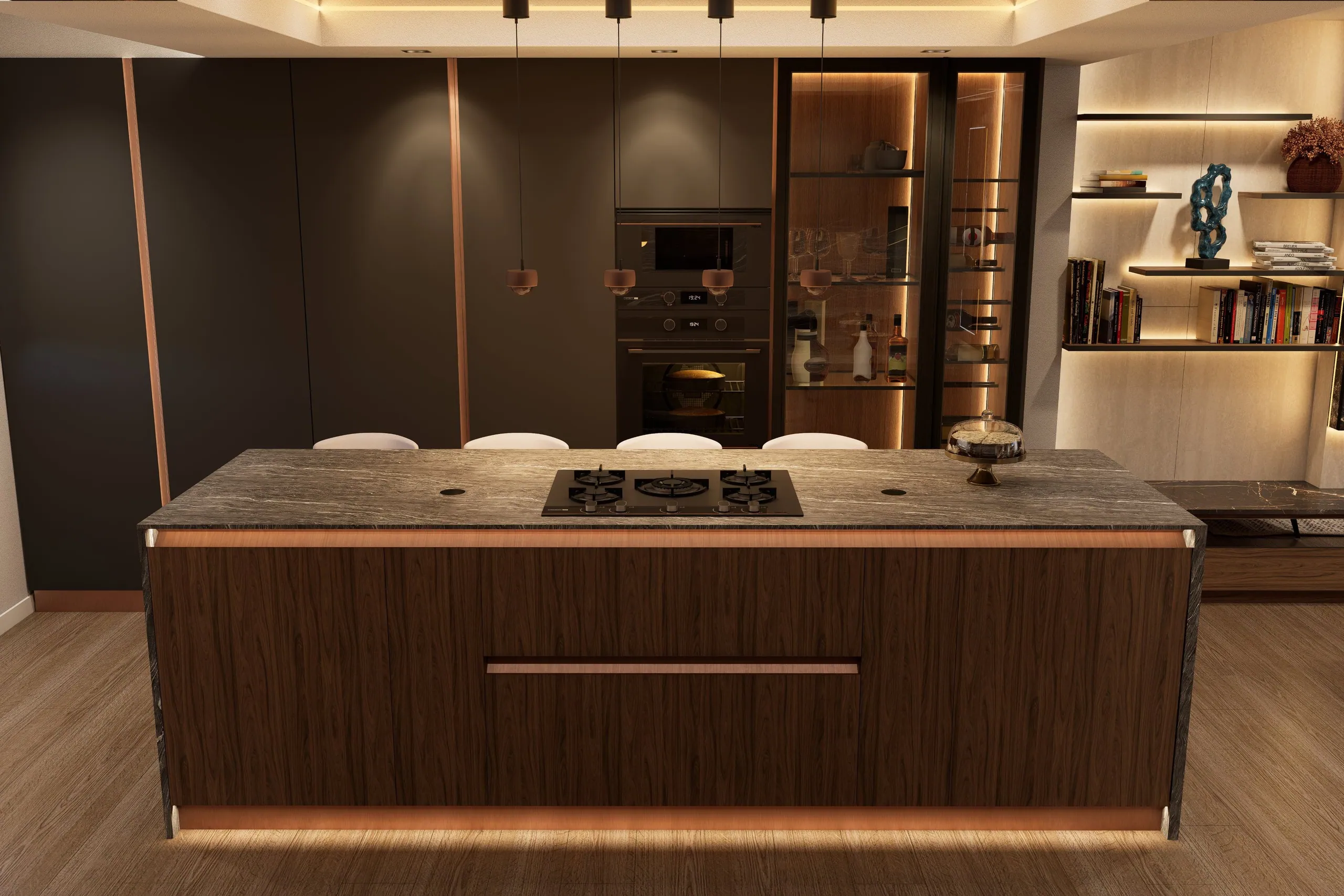 Render da cozinha, com ilha em pedra escura e frentes em madeira.