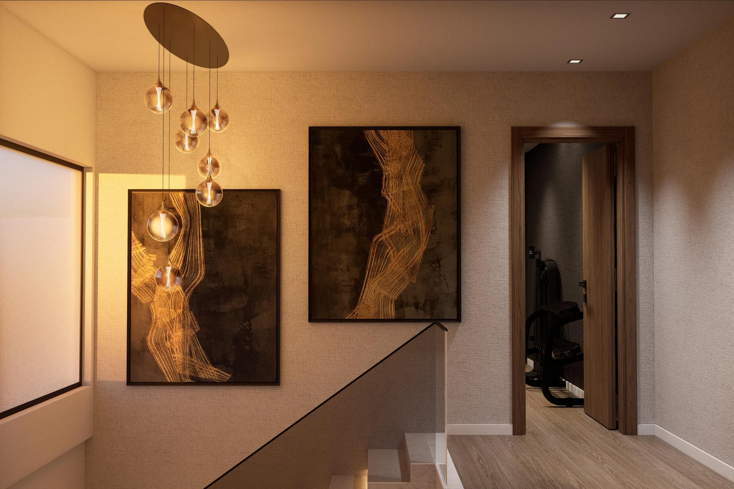 Render da escada, com degraus iluminados e quadros na parede.
