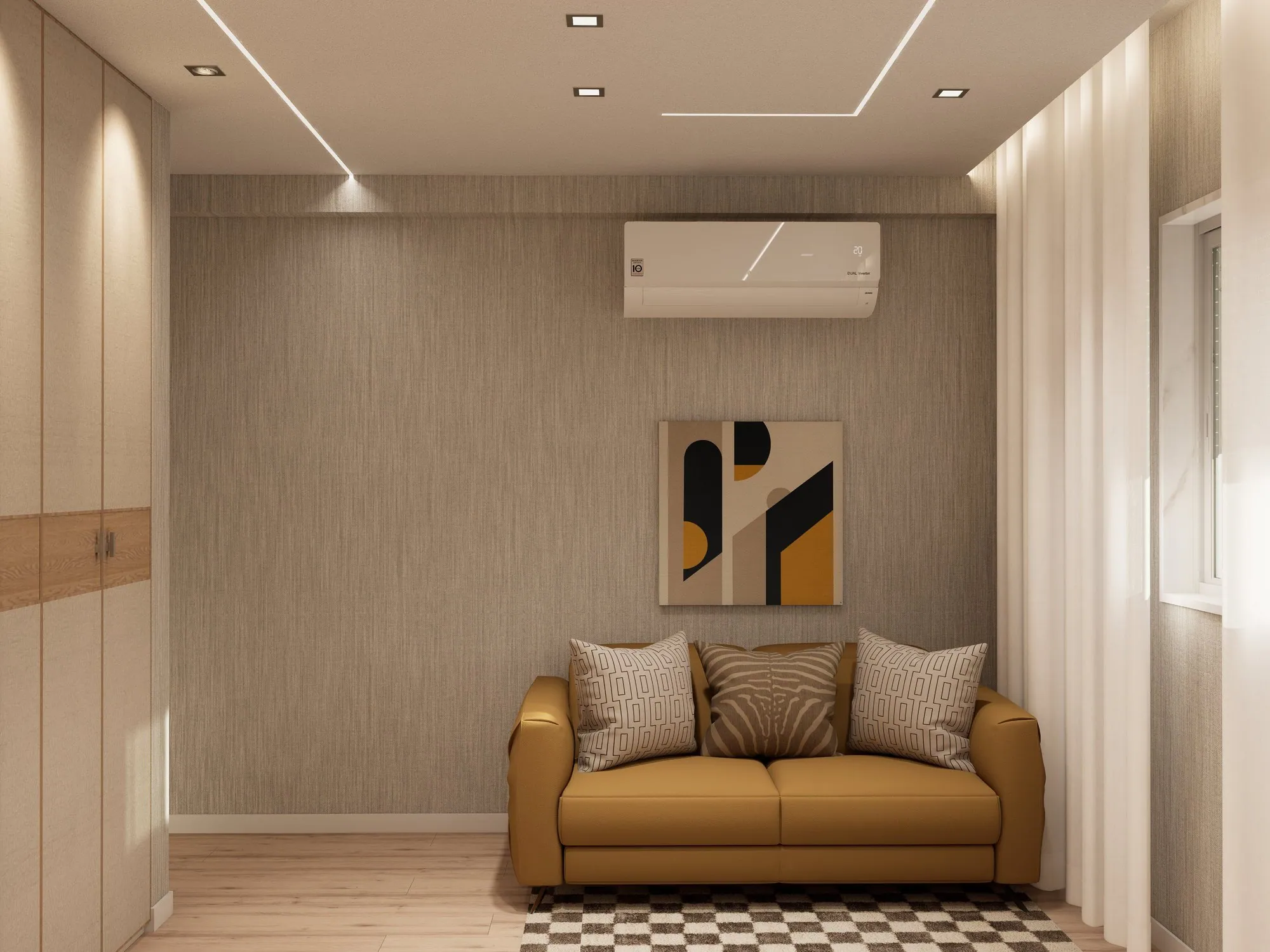 Render 3D, apartamento T3 no Samouco: escritório com sofá amarelo.