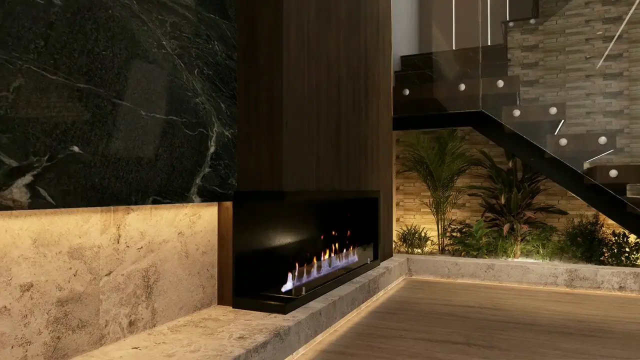 Passeio 3D em Porto Salvo: lareira, jardim interior e escada suspensa.